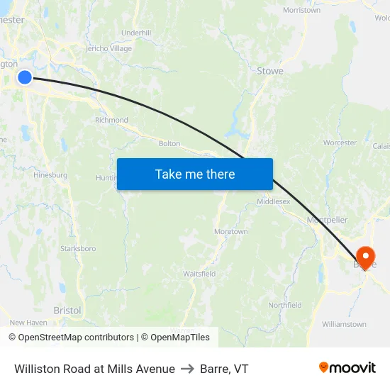 Williston Road at Mills Avenue to Barre, VT map