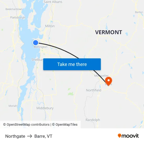 Northgate to Barre, VT map