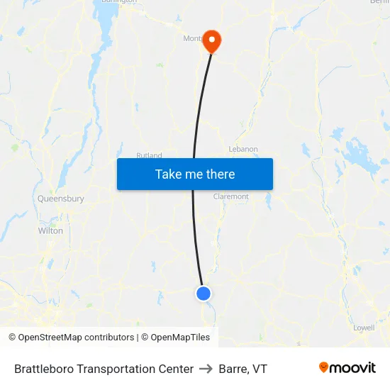 Brattleboro Transportation Center to Barre, VT map