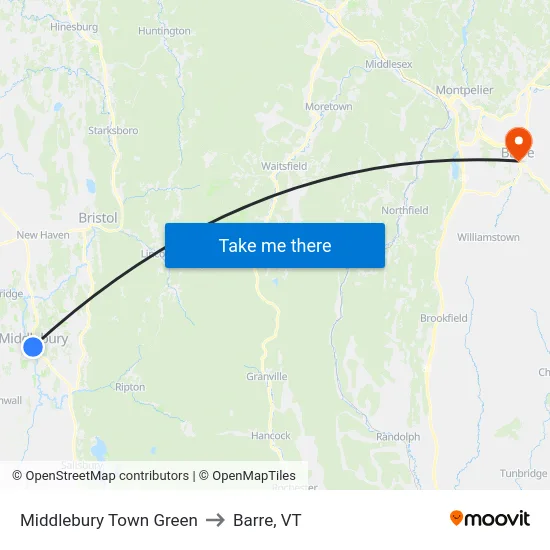 Middlebury Town Green to Barre, VT map