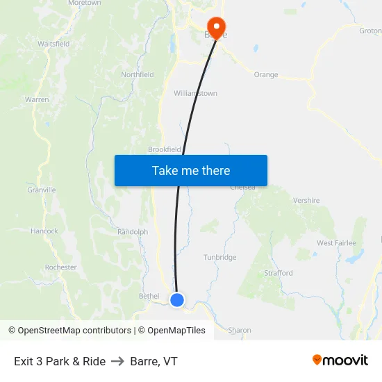 Exit 3 Park & Ride to Barre, VT map