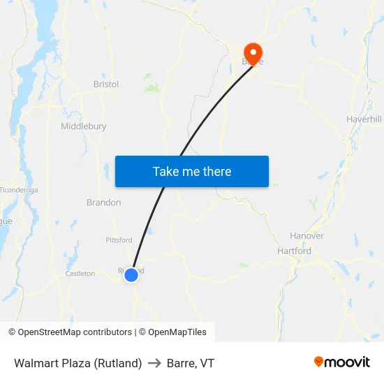 Walmart Plaza (Rutland) to Barre, VT map