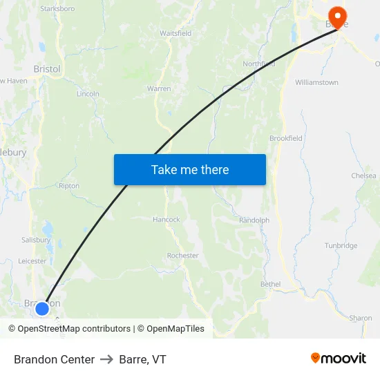 Brandon Center to Barre, VT map