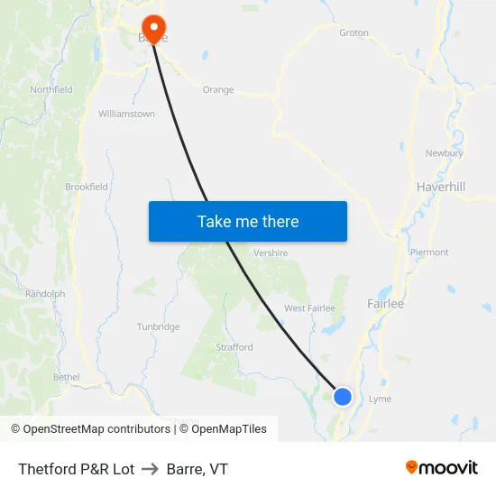 Thetford P&R Lot to Barre, VT map