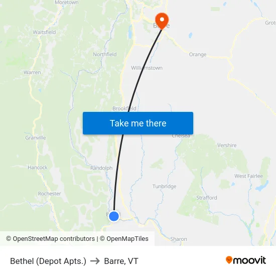 Bethel (Depot Apts.) to Barre, VT map