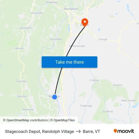 Stagecoach Depot, Randolph Village to Barre, VT map