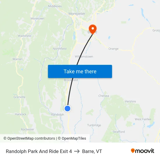 Randolph Park And Ride Exit 4 to Barre, VT map