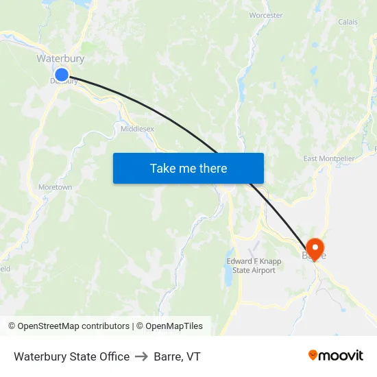 Waterbury State Office to Barre, VT map
