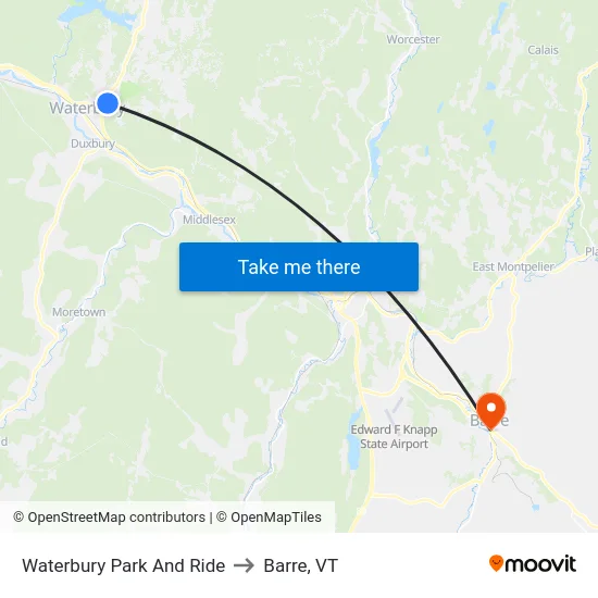 Waterbury Park And Ride to Barre, VT map