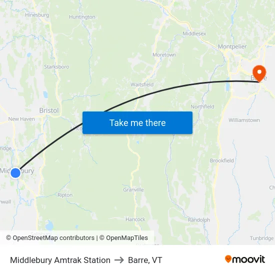 Middlebury Amtrak Station to Barre, VT map