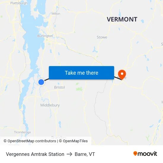 Vergennes Amtrak Station to Barre, VT map