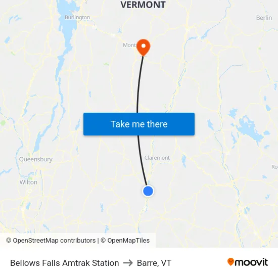 Bellows Falls Amtrak Station to Barre, VT map