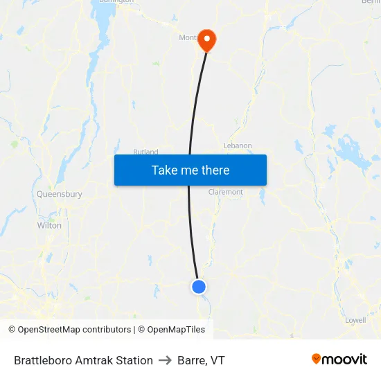 Brattleboro Amtrak Station to Barre, VT map