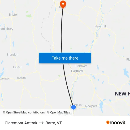 Claremont Amtrak to Barre, VT map