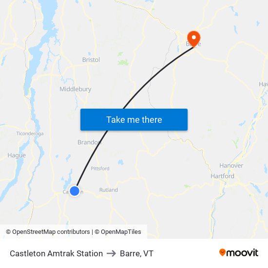 Castleton Amtrak Station to Barre, VT map