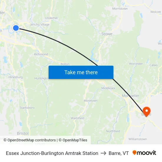 Essex Junction-Burlington Amtrak Station to Barre, VT map