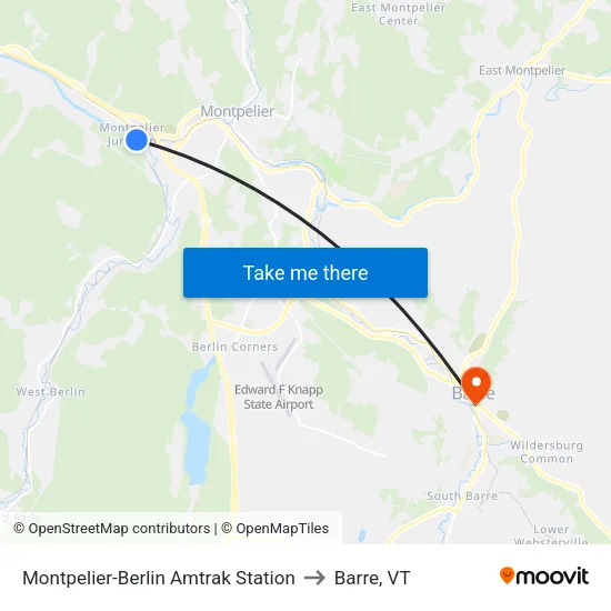 Montpelier-Berlin Amtrak Station to Barre, VT map