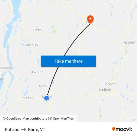 Rutland to Barre, VT map
