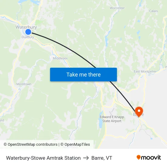 Waterbury-Stowe Amtrak Station to Barre, VT map