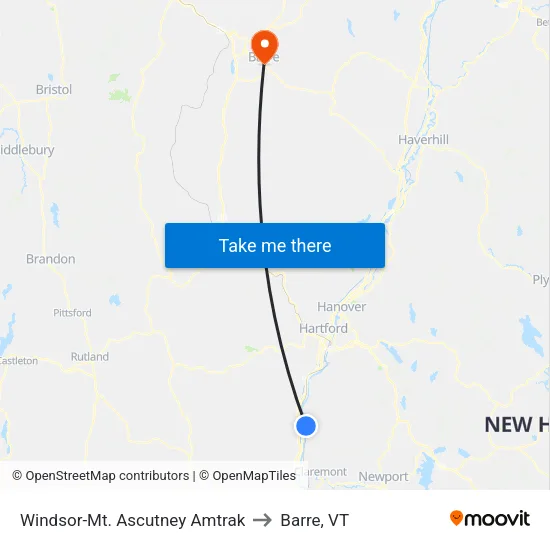 Windsor-Mt. Ascutney Amtrak to Barre, VT map