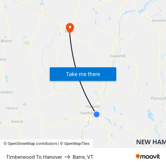 Timberwood To Hanover to Barre, VT map