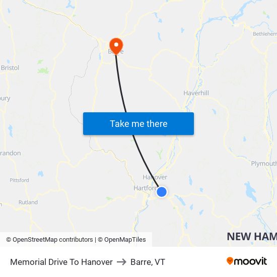 Memorial Drive To Hanover to Barre, VT map