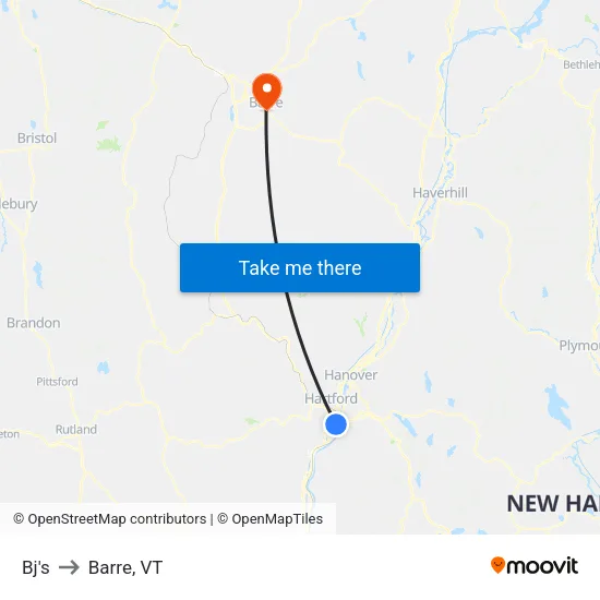 Bj's to Barre, VT map