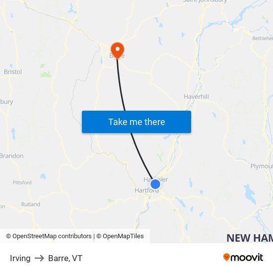 Irving to Barre, VT map