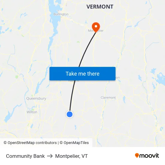 Community Bank to Montpelier, VT map