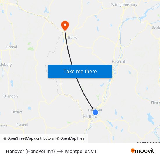 Hanover (Hanover Inn) to Montpelier, VT map