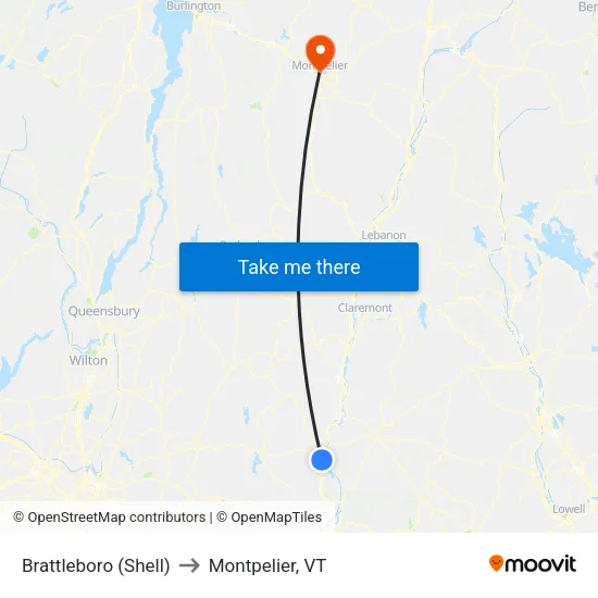 Brattleboro (Shell) to Montpelier, VT map