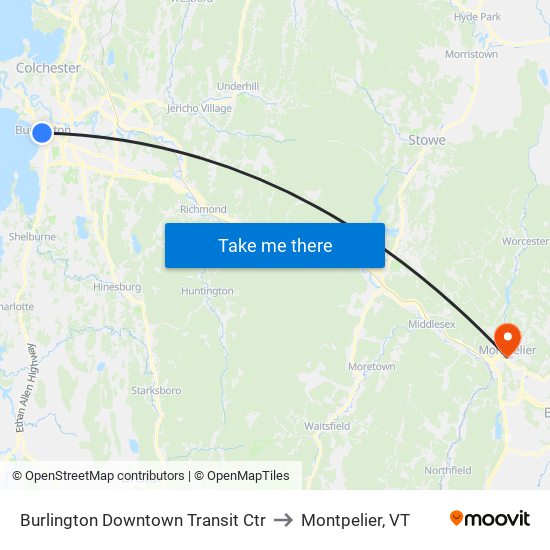 Burlington Downtown Transit Ctr to Montpelier, VT map
