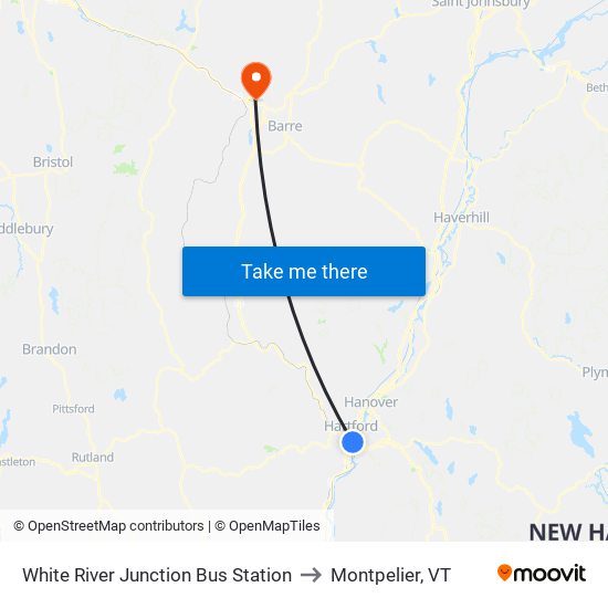 White River Junction Bus Stop to Montpelier, VT map