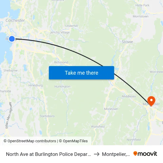 North Ave at Burlington Police Department to Montpelier, VT map