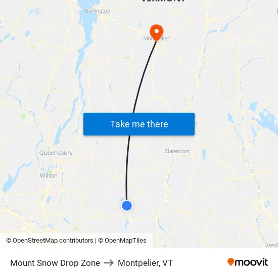 Mount Snow Drop Zone to Montpelier, VT map
