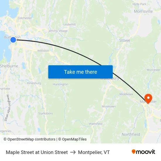 Maple Street at Union Street to Montpelier, VT map