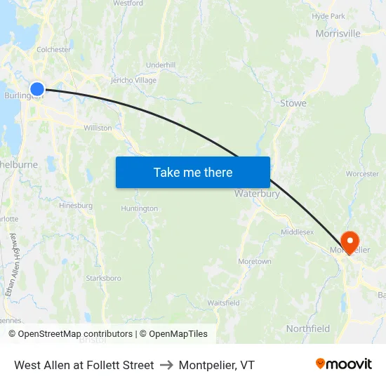 West Allen at Follett Street to Montpelier, VT map