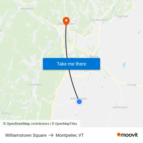 Williamstown Square to Montpelier, VT map