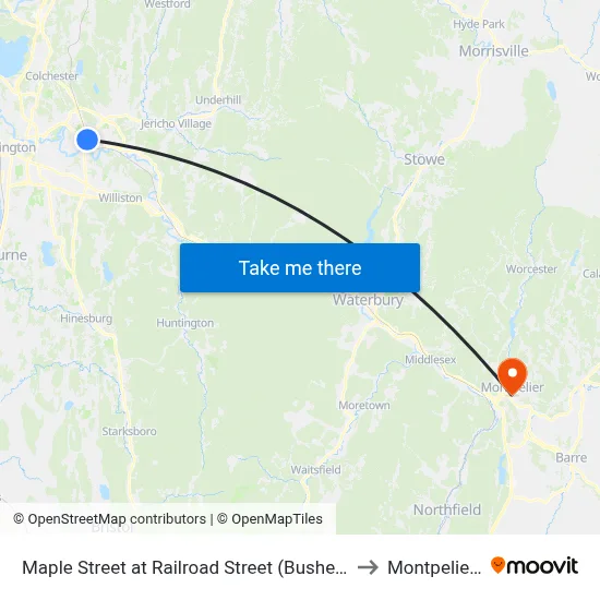 Maple Street at Railroad Street (Bushey's Sunoco) to Montpelier, VT map