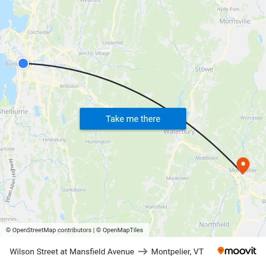Wilson Street at Mansfield Avenue to Montpelier, VT map