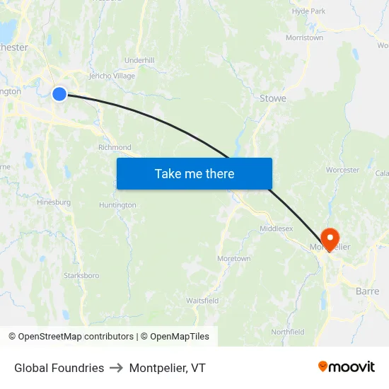 Global Foundries to Montpelier, VT map