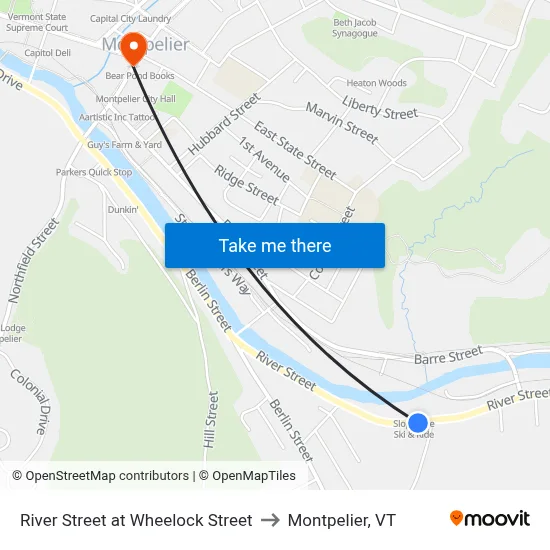 River Street at Wheelock Street to Montpelier, VT map