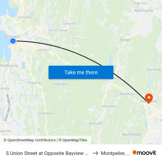 S Union Street at Opposite Bayview Street to Montpelier, VT map