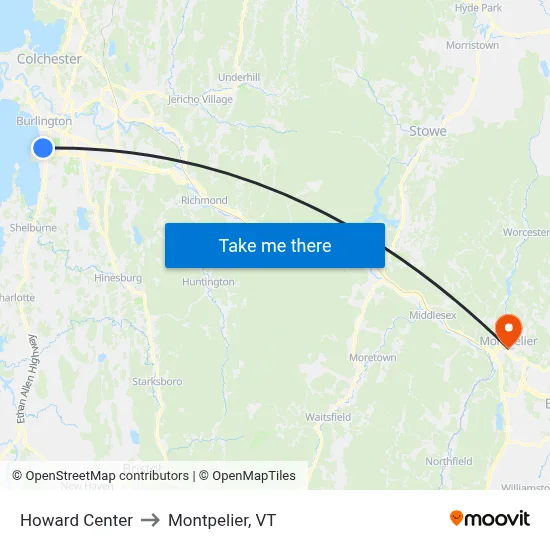 Howard Center to Montpelier, VT map