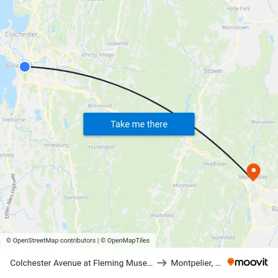 Colchester Avenue at Fleming Museum to Montpelier, VT map