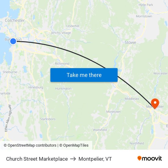 Church Street Marketplace to Montpelier, VT map