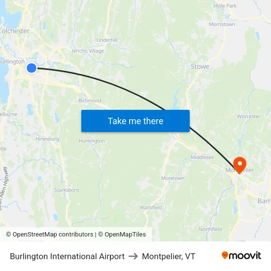 Burlington International Airport to Montpelier, VT map