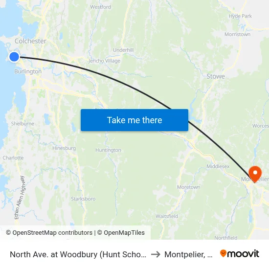 North Ave. at Woodbury (Hunt School) to Montpelier, VT map