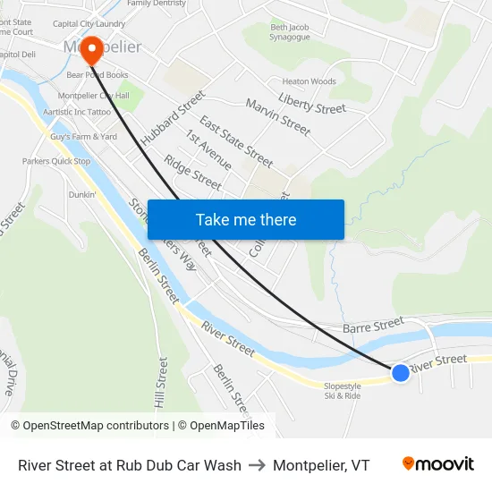 River Street at Rub Dub Car Wash to Montpelier, VT map