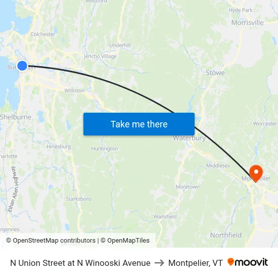 N Union Street at N Winooski Avenue to Montpelier, VT map